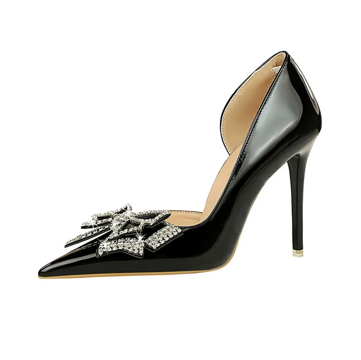 Butterfly Banquet Fashion Style Patent Leather Side Hollow Rhinestone