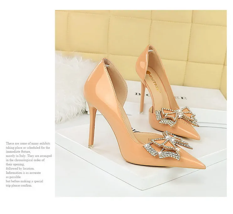 Butterfly Banquet Fashion Style Patent Leather Side Hollow Rhinestone