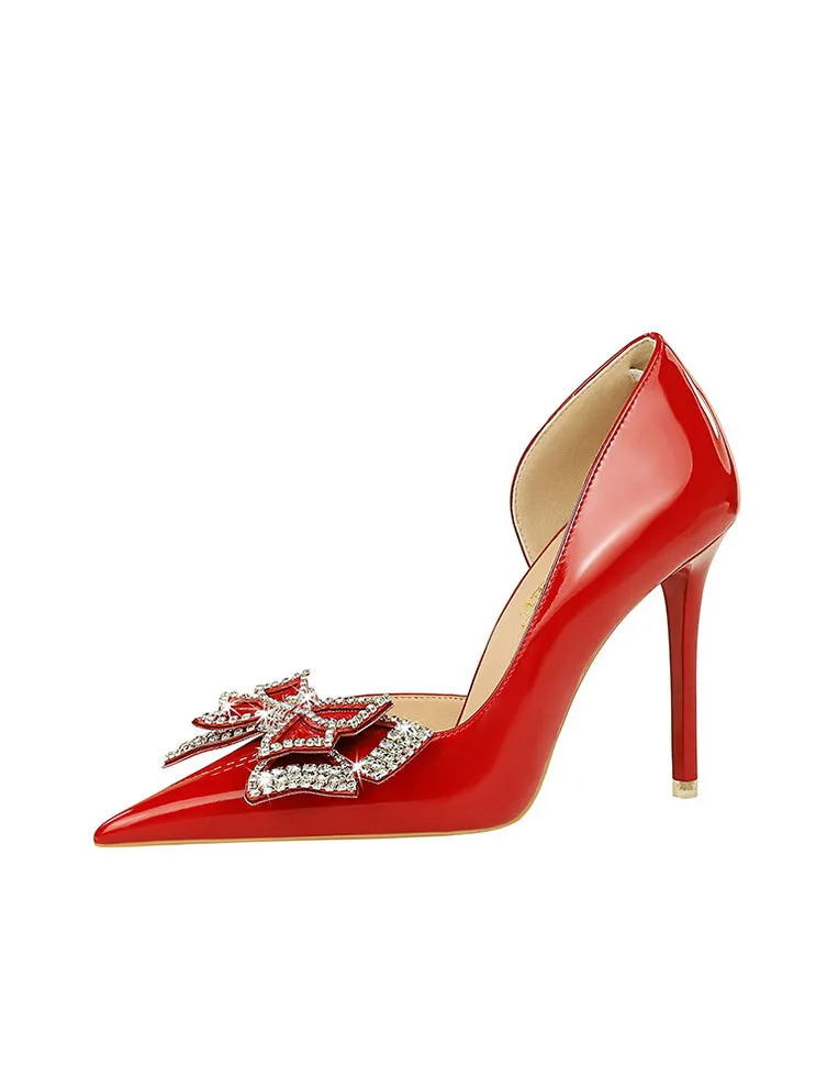 Butterfly Banquet Fashion Style Patent Leather Side Hollow Rhinestone