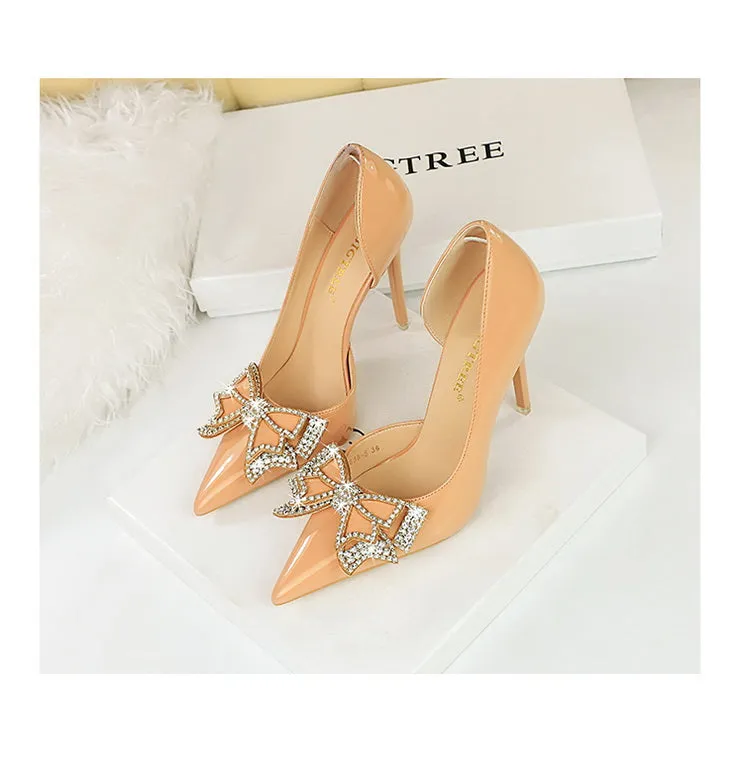 Butterfly Banquet Fashion Style Patent Leather Side Hollow Rhinestone