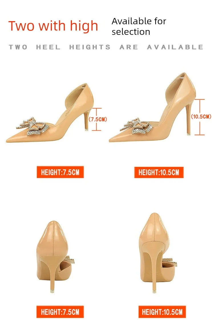 Butterfly Banquet Fashion Style Patent Leather Side Hollow Rhinestone
