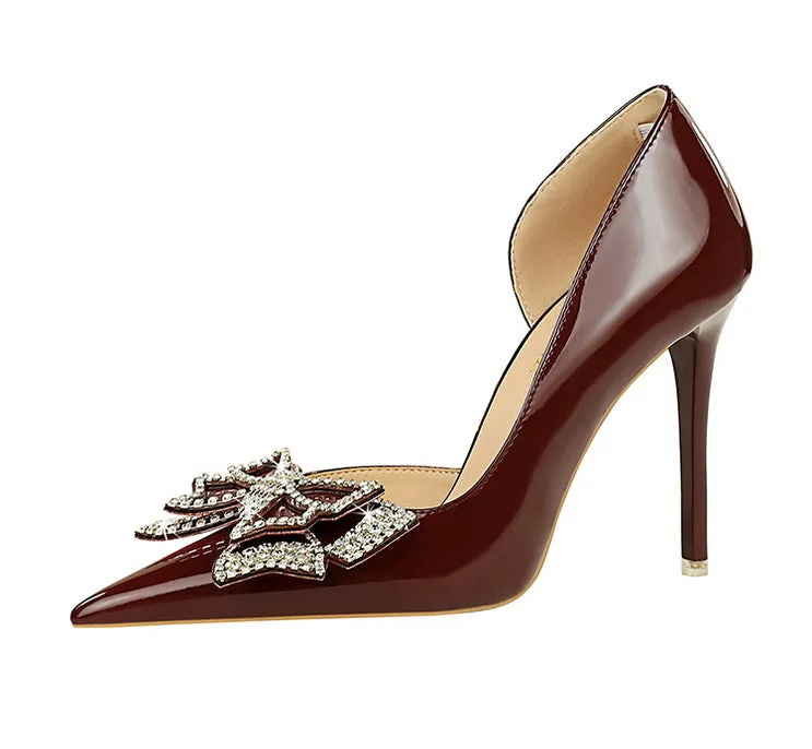 Butterfly Banquet Fashion Style Patent Leather Side Hollow Rhinestone