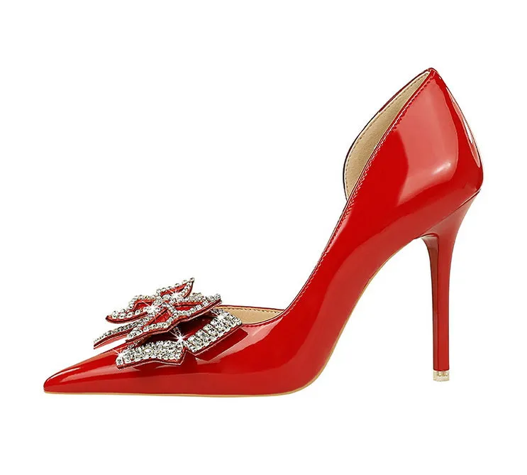 Butterfly Banquet Fashion Style Patent Leather Side Hollow Rhinestone