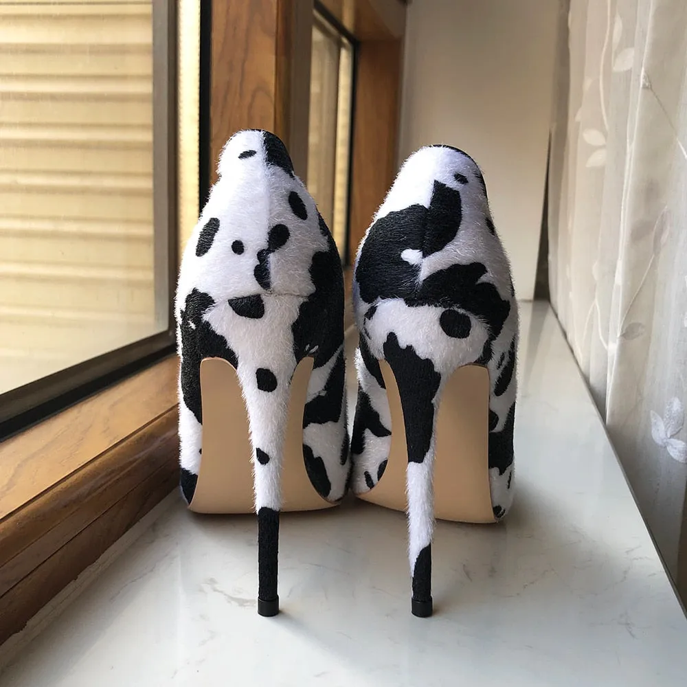 Cow Print Flock Pointy Toe High Heel Shoes