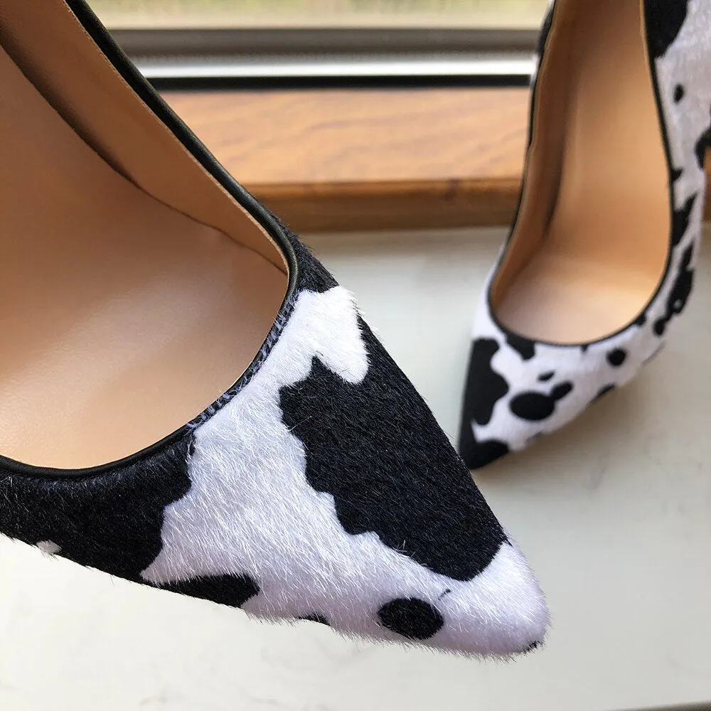 Cow Print Flock Pointy Toe High Heel Shoes