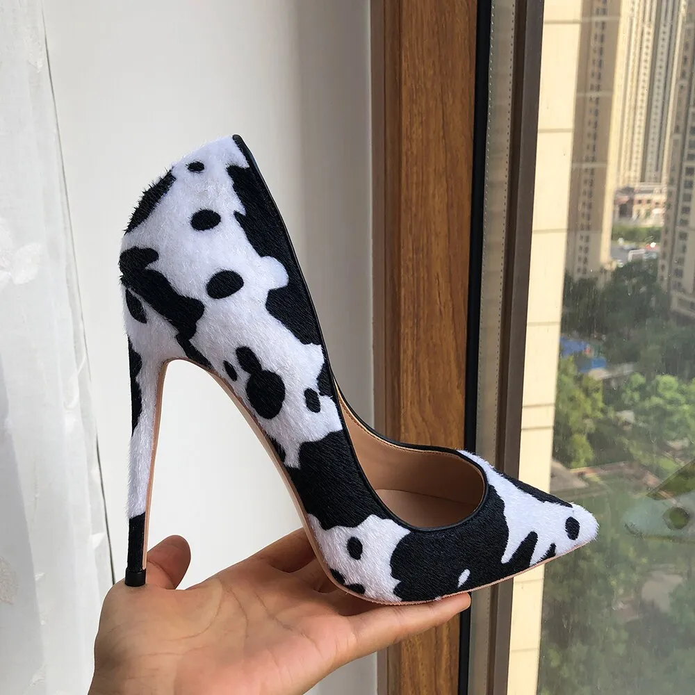Cow Print Flock Pointy Toe High Heel Shoes