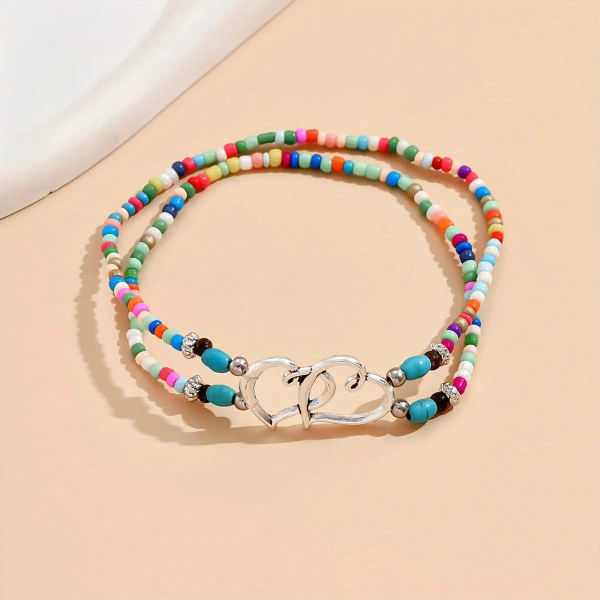 Double Layer Heart Anklet with Rice Beads for Women