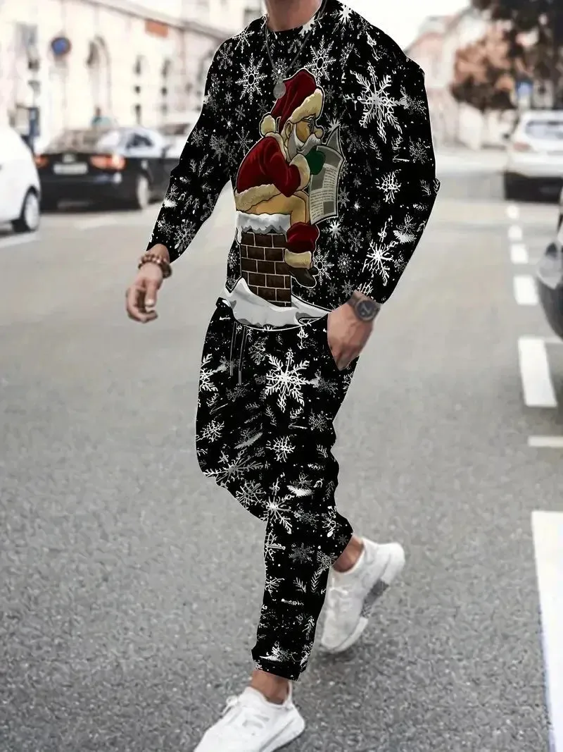 Festive 3D Printed Men's Stylish Sportswear Set with Sweatshirt and Joggers