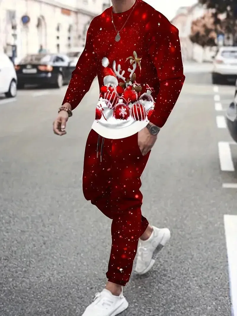 Festive 3D Printed Men's Stylish Sportswear Set with Sweatshirt and Joggers