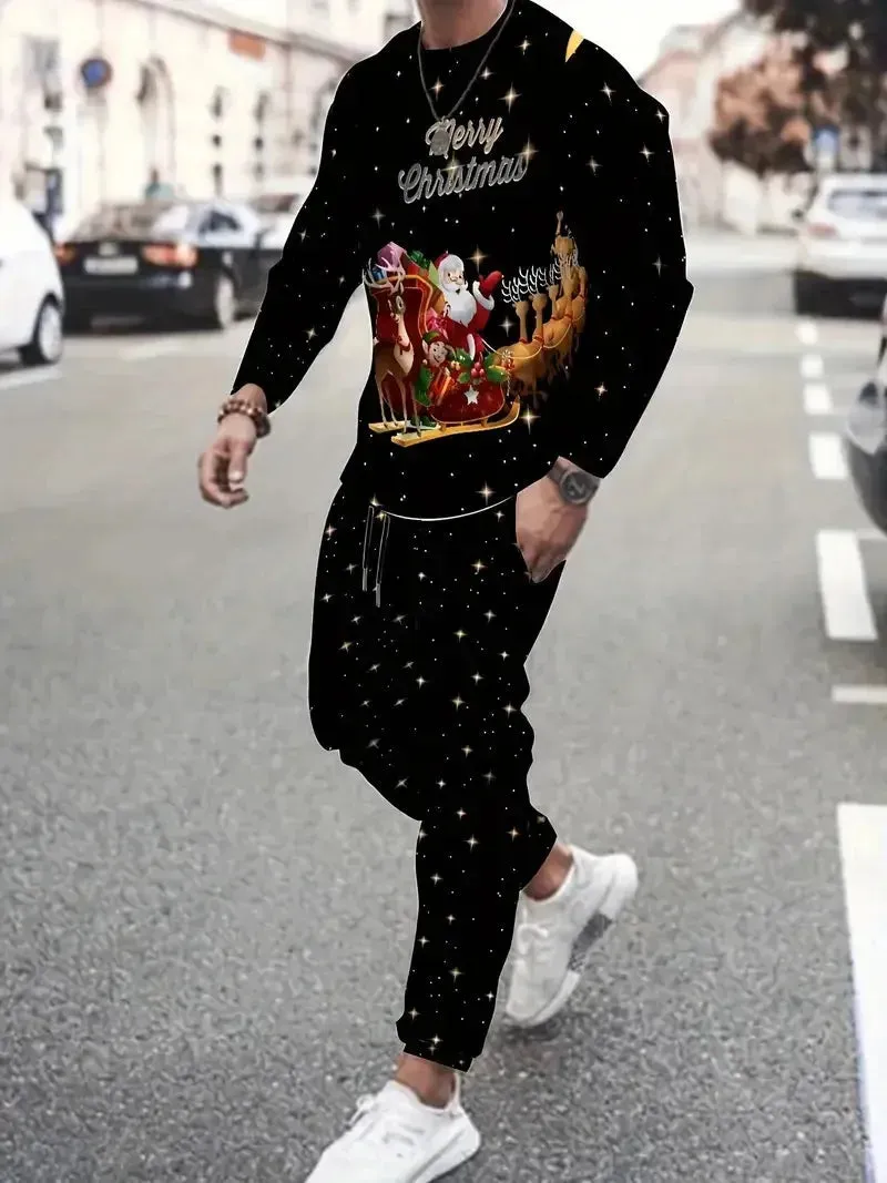 Festive 3D Printed Men's Stylish Sportswear Set with Sweatshirt and Joggers
