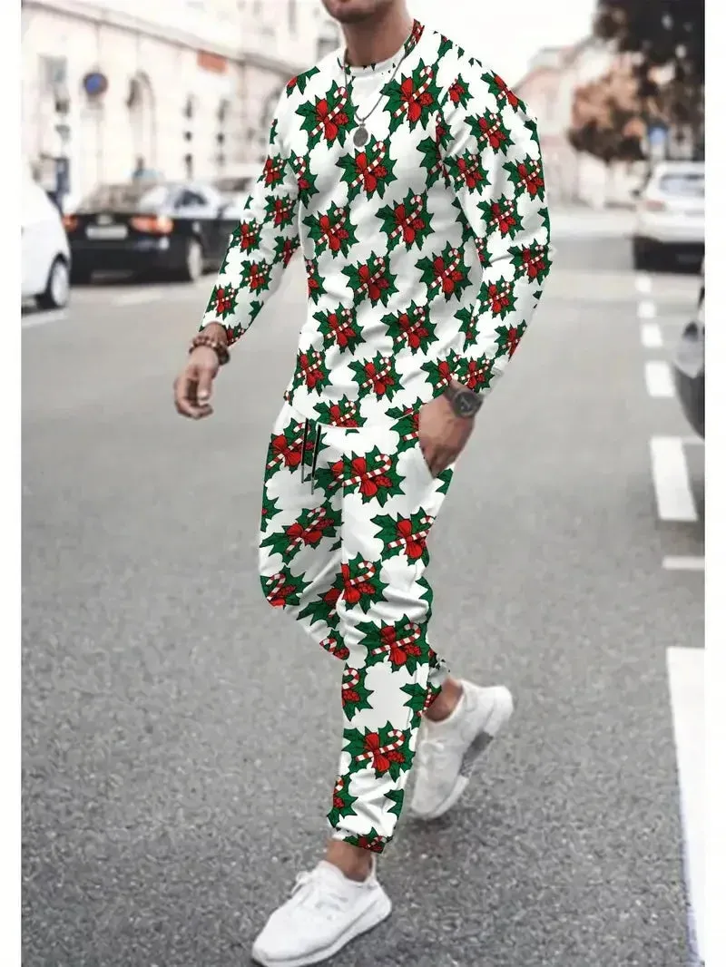 Festive 3D Printed Men's Stylish Sportswear Set with Sweatshirt and Joggers
