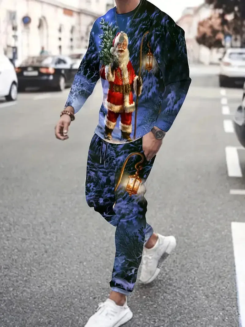 Festive 3D Printed Men's Stylish Sportswear Set with Sweatshirt and Joggers
