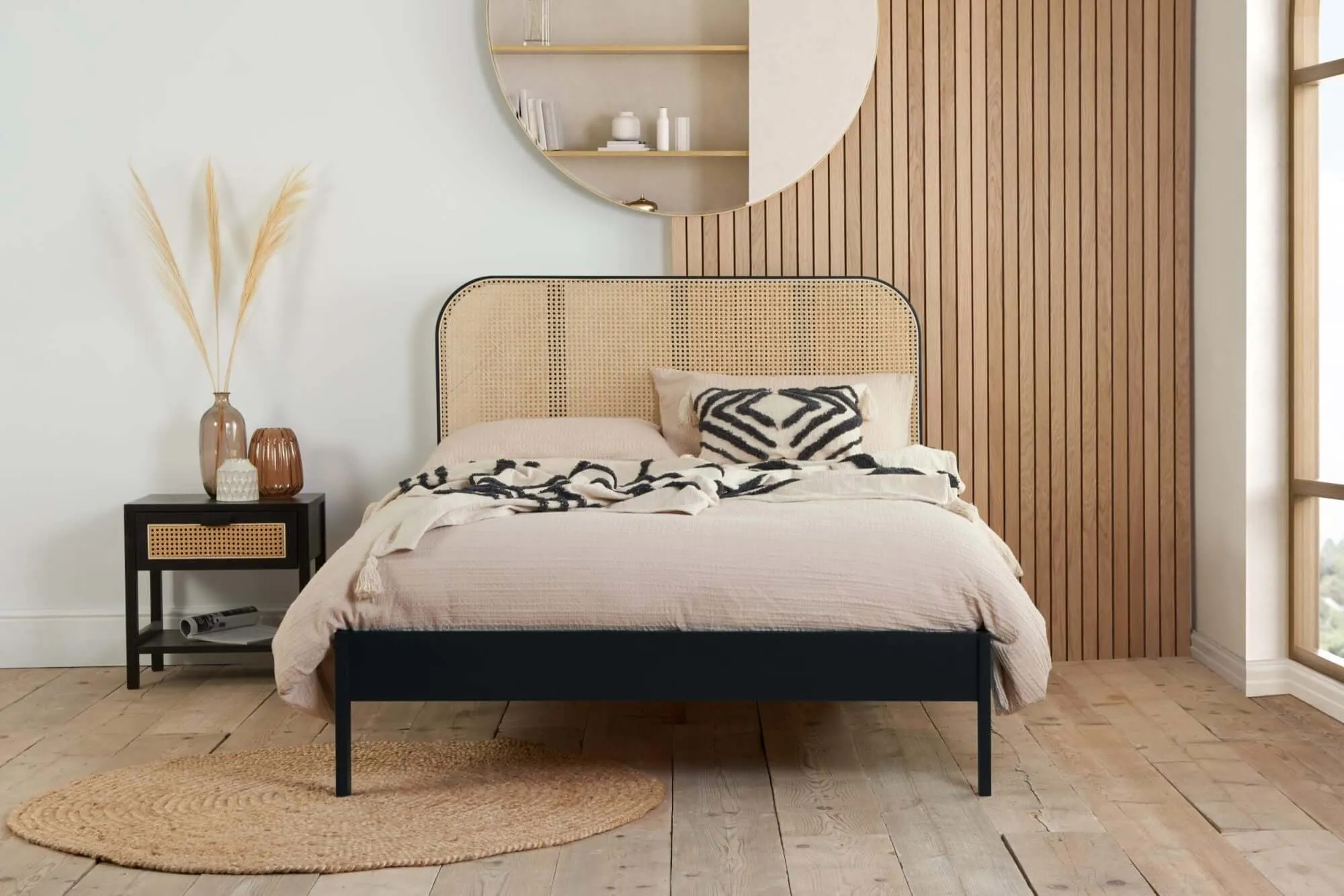 Margot Double Rattan Bed- Black Oak Wood Bed Frame