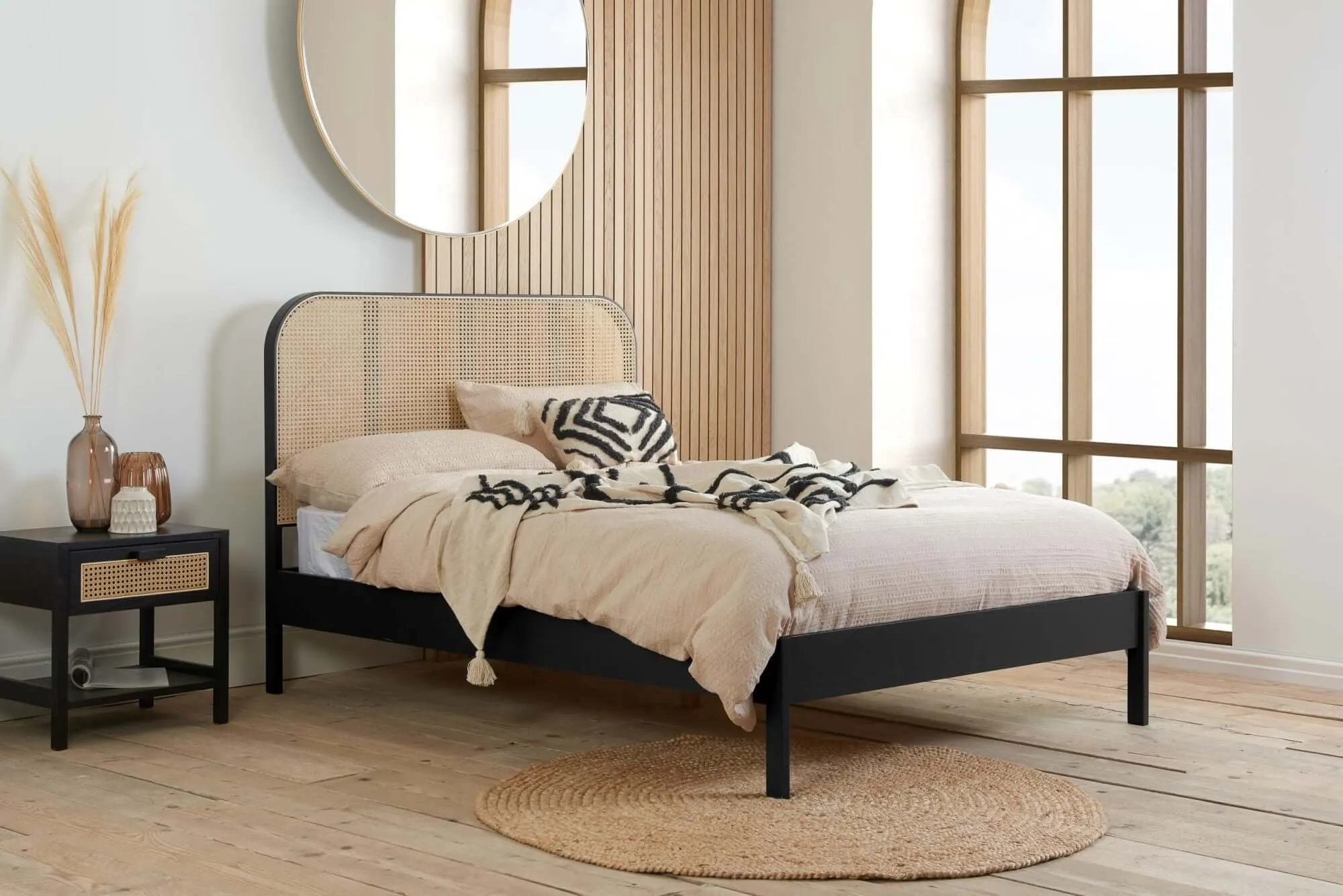 Margot Double Rattan Bed- Black Oak Wood Bed Frame