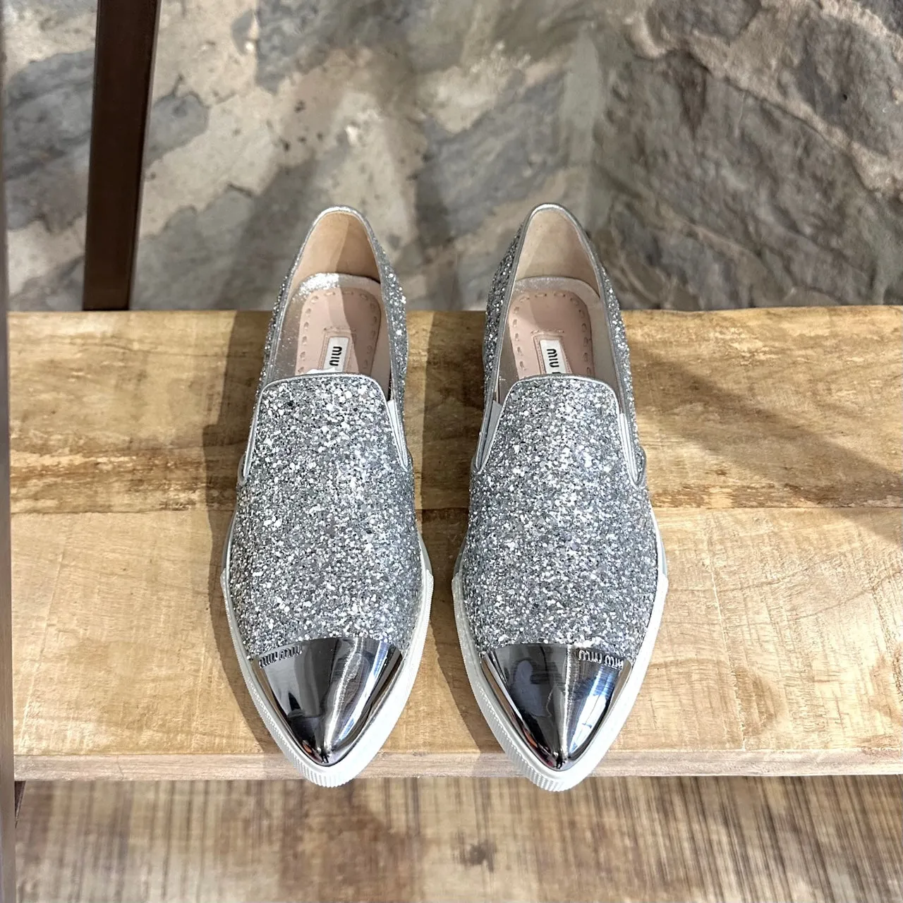 Miu Miu Silver Glitter Pointy Sneakers